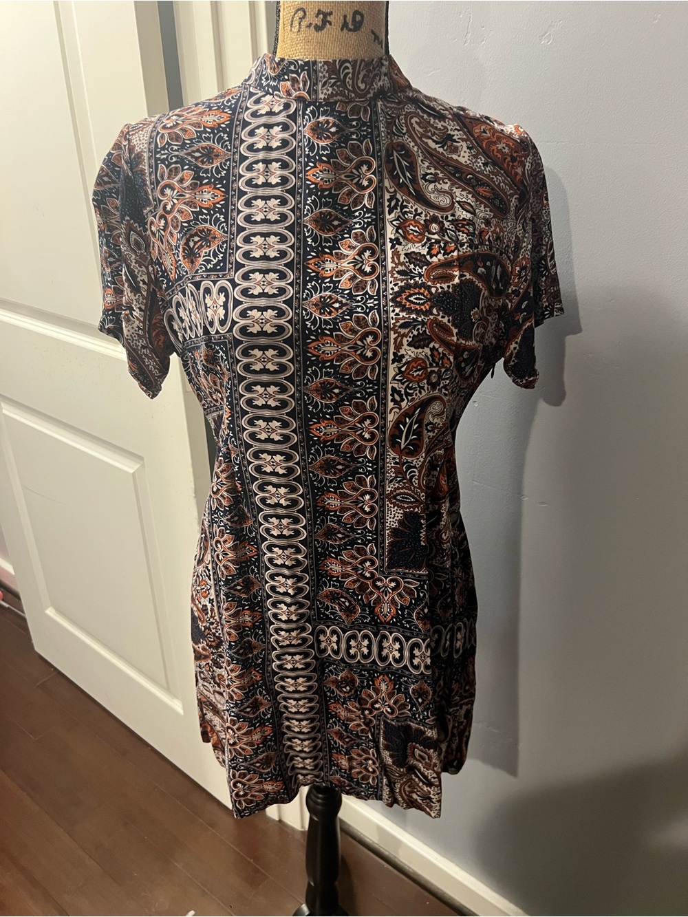 Paisley Print Short Sleeve Tunic Top - Navy & Rust